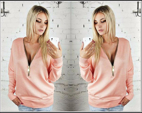 Damen Sweatshirt mit Reißverschluss und großzügigem V-Ausschnitt Drune