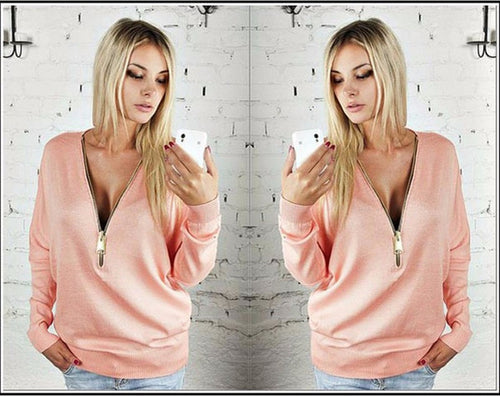 Damen Sweatshirt mit Reißverschluss und großzügigem V-Ausschnitt Drune