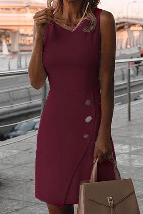 Drune | Rosiedress Rundhals Knöpfe Ärmellos Büro Kleid