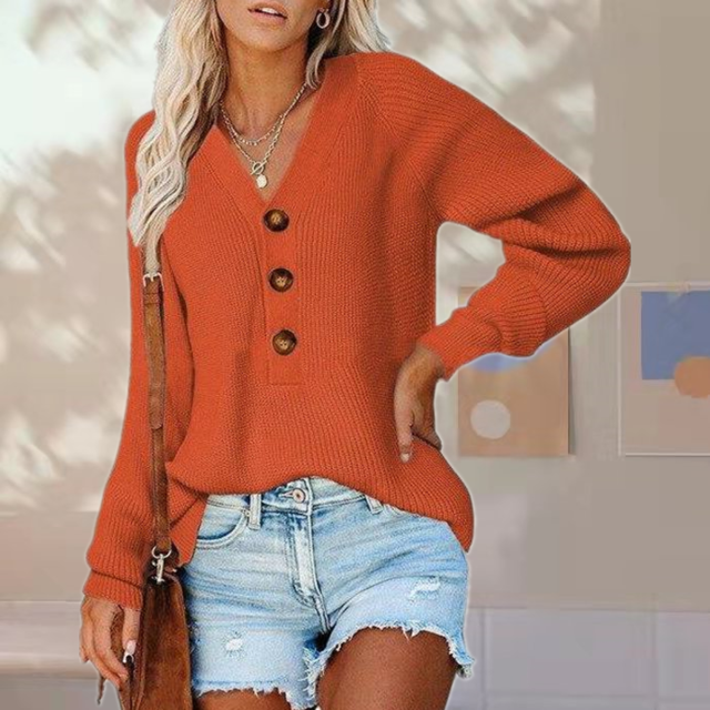 Drune | Pullover - Damen Herbst Knopf V-Ausschnitt Strickpullover