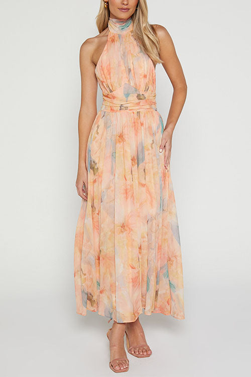 Drune | Halter Bow Neck Backless Beck Print Swing Maxi Kleid