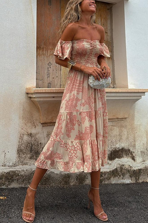 Drune | Off Shoulder Smocked Midi Kleid