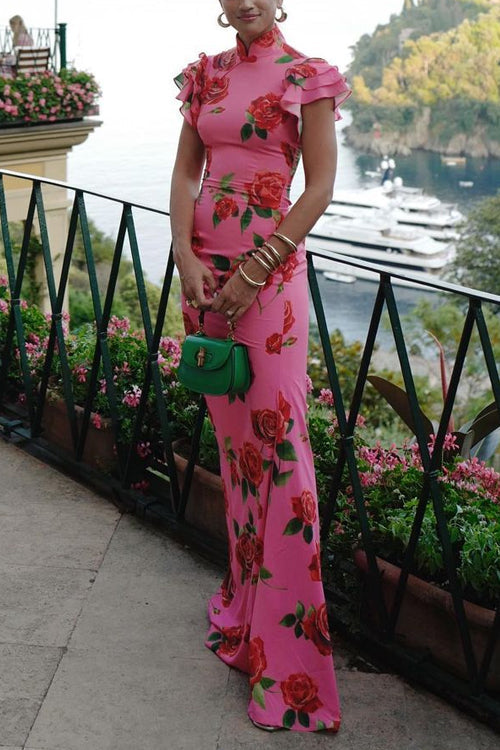 Drune | Rüsch-Ärmeln Rosenmuster Maxi Cheongsam Kleid