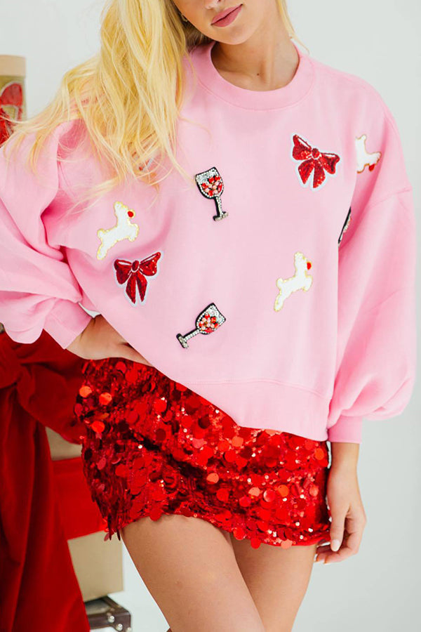 Drune | Weihnachtsbogen-Wein-Glas Pailletten Lockere Lange Ärmel Sweatshirt