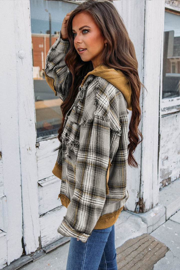 Drune | Karierte Jacke mit Kapuze und Rohen Kanten Baumwolle Lässig und Trendy