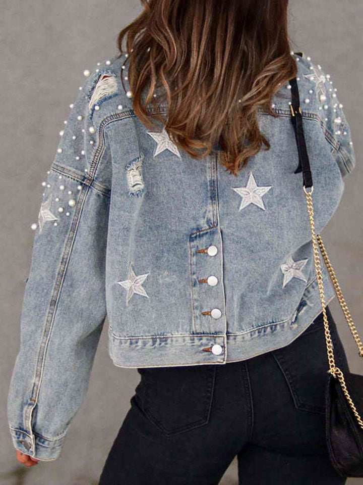 Drune | Perlenbesatz Knopf-Down Denimjacke mit Taschen