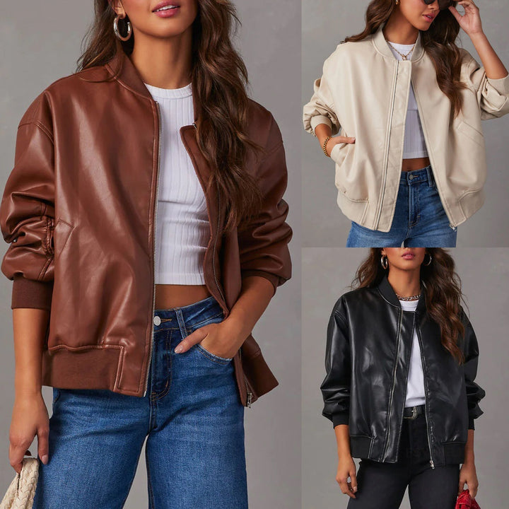 Drune | Baseballuniformjacke aus Leder-Motorradjacke mit langem Kleid-Lederjacke