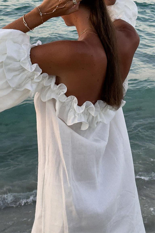 Drune | Rosiedress Off Shoulder Rüsche Trim Schlitz Baumwolle Leinen Maxi Urlaub Kleid
