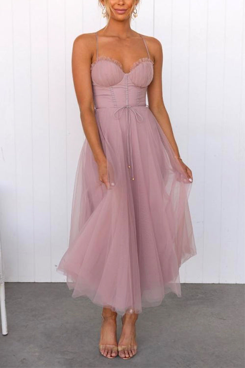 Drune | Rosiedress Rückenausschnitt Bindegürtel Mesh Swing Maxi Spaghettiträger Kleid