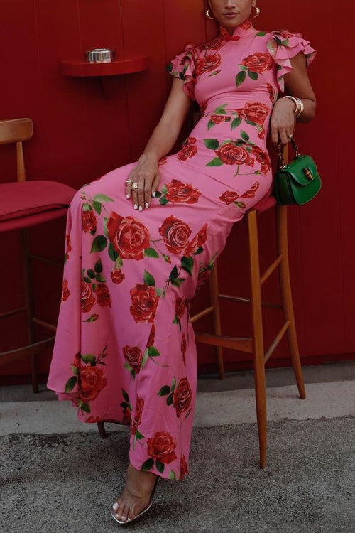 Drune | Rüsch-Ärmeln Rosenmuster Maxi Cheongsam Kleid