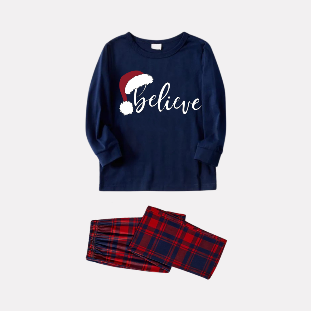 Drune | Weihnachten "Believe" Buchstaben Drucken Blau Langarmoberteil mit Rot- und Blau-Karierten Weihnachtsfamilien-Matching Pyjamas