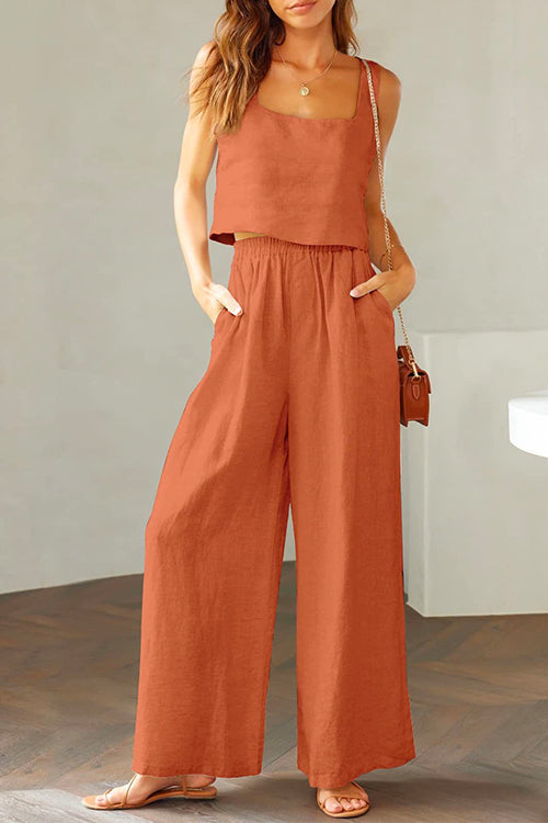 Drune | Rosiedress Quadratischer Kragen Cami Crop Top Weite Bein Hose Baumwolle Leinen Set