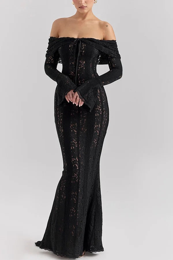 Drune | Blumen Spitze Off Shoulder Flare Ärmel Fishtail Maxi Kleider - Weiß