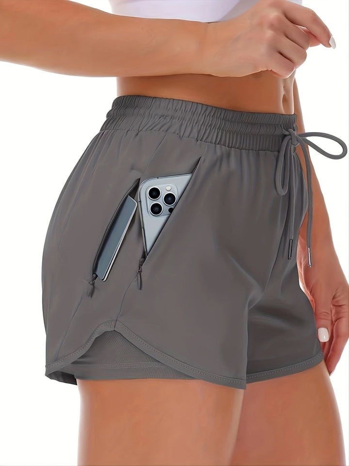 Drune | Sportliche 2 in 1 Lauf Fitnessshorts in Einfarbig Mit Mehreren Taschen