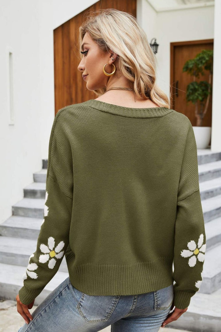 Drune | Floral Ribbed Trim Drop Shoulder Cardigan