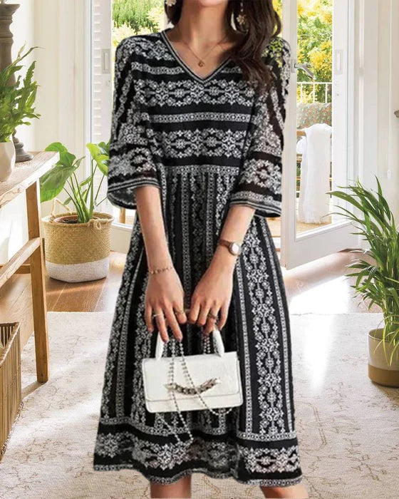 Drune | Bedrucktes Midi-Kleid mit V-Ausschnitt