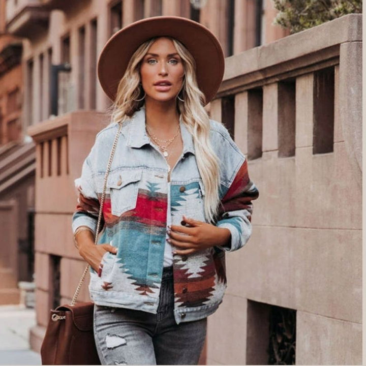 Drune | Jeansjacke mit Aztekenmuster