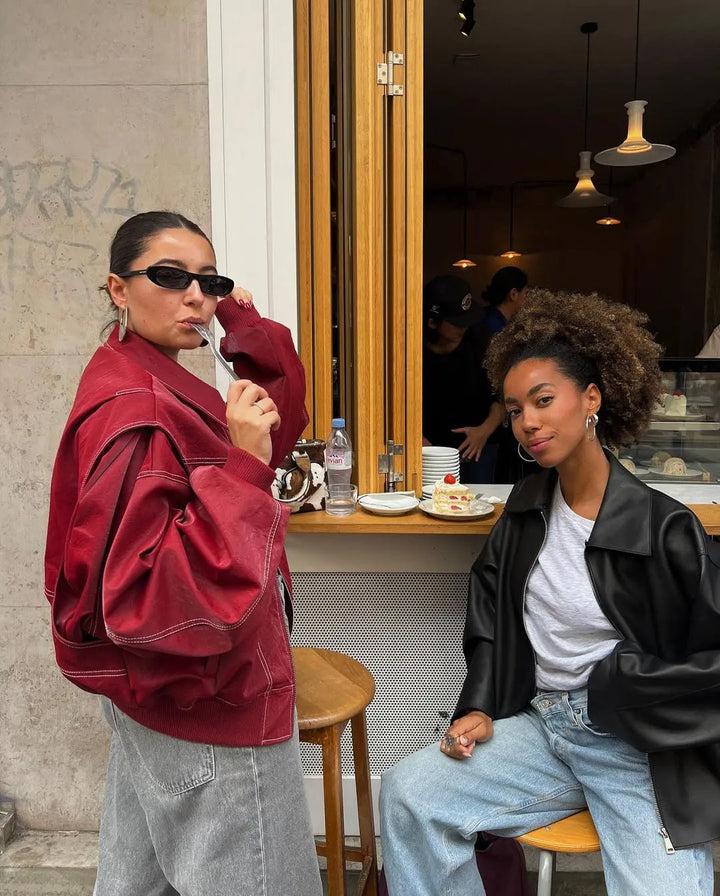 Drune | Burgundisch Zip up Jacke in Übergröße mit Kontrastnähten