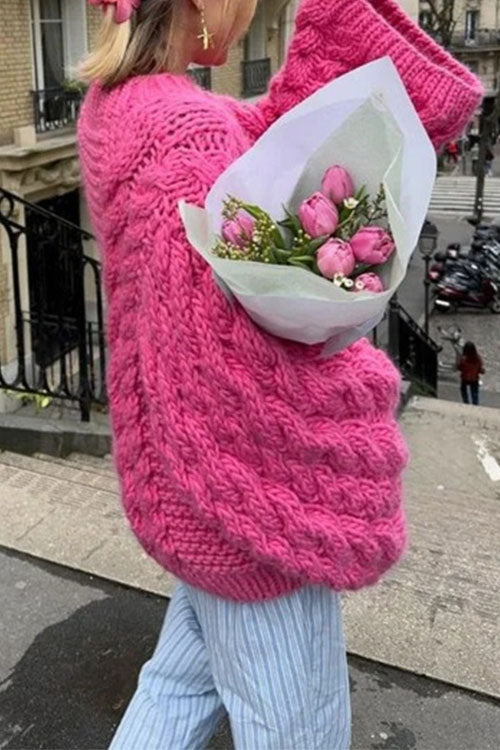 Drune | Rosiedress Rundhals Übergroße Zopfmuster Pullover