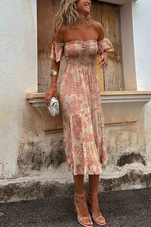 Drune | Off Shoulder Smocked Midi Kleid