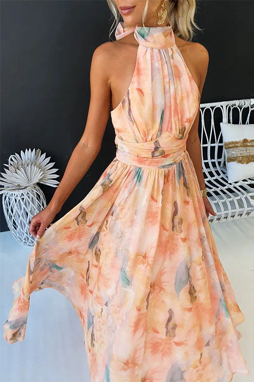 Drune | Halter Bow Neck Backless Beck Print Swing Maxi Kleid