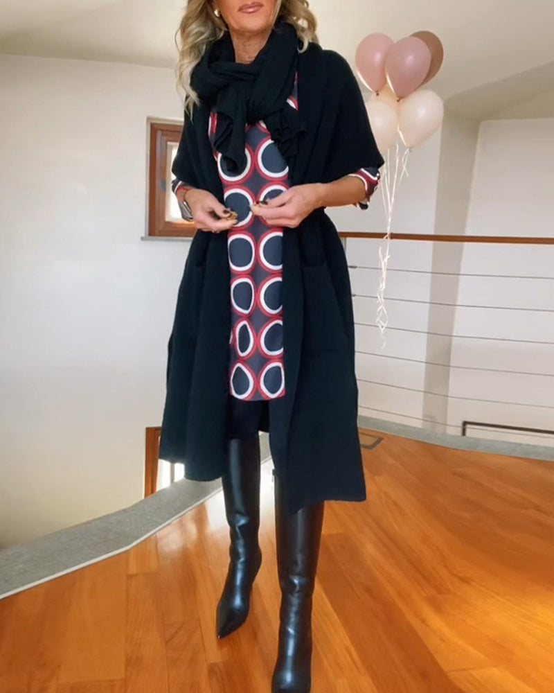 Drune | Lässiger Einfarbiger Cardigan mit Halblangen Ärmeln und Tasche