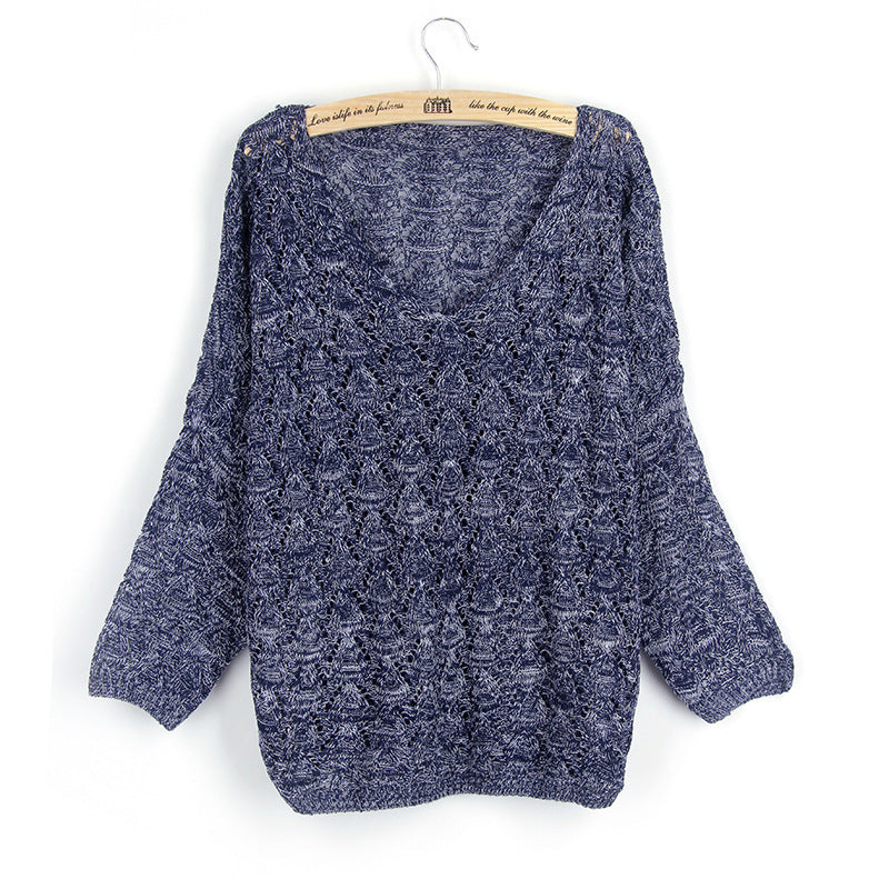 Damen luftiger Strickpullover mit V-Ausschnitt und offenem Maschenmuster Drune