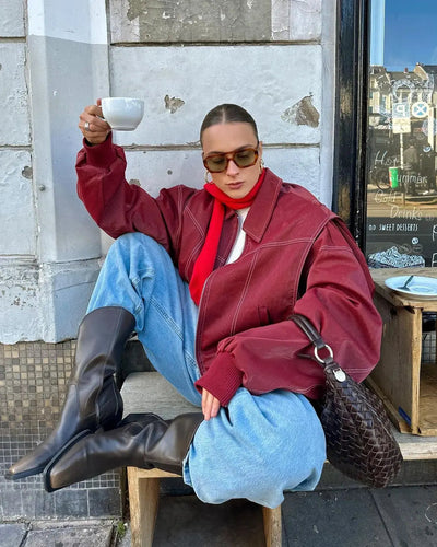 Drune | Burgundisch Zip up Jacke in Übergröße mit Kontrastnähten