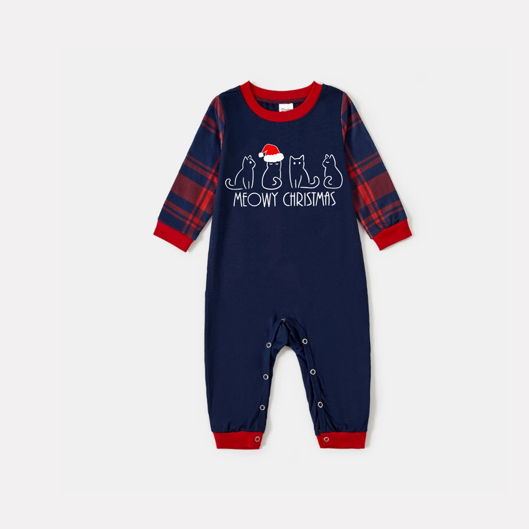 Drune | Weihnachtskatze Druck Blau Langarm Top mit Rot & Blau Karomuster Weihnachts Familie Passende Schlafanzüge
