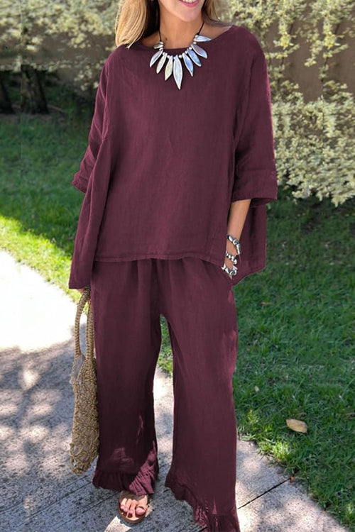 Drune | Rosiedress Baumwolle Leinen 3/4 Ärmel Pullover Top Weite Hose Rüschen Saum Set
