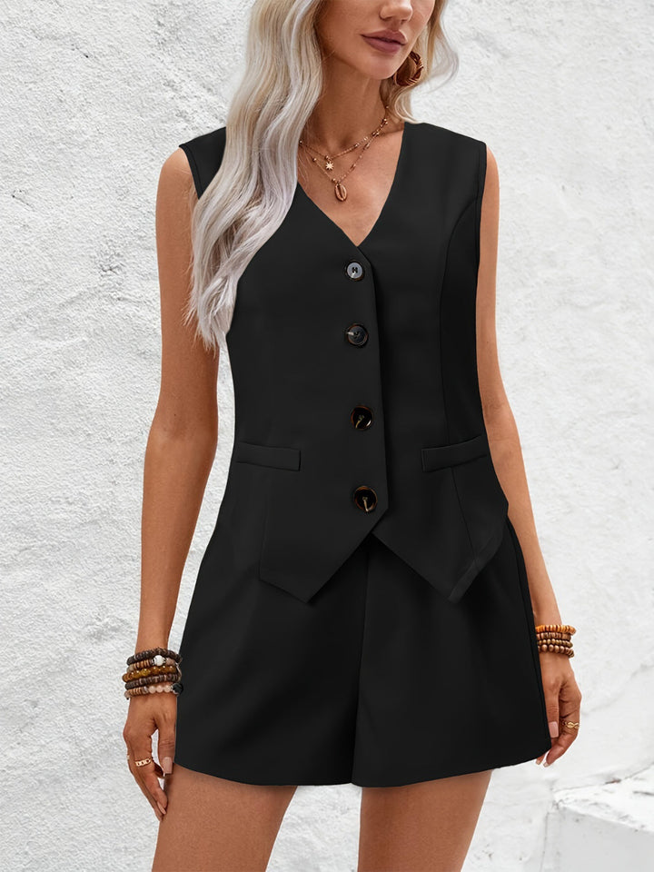 Drune | Neck Button Down Weste Und Shorts Satz