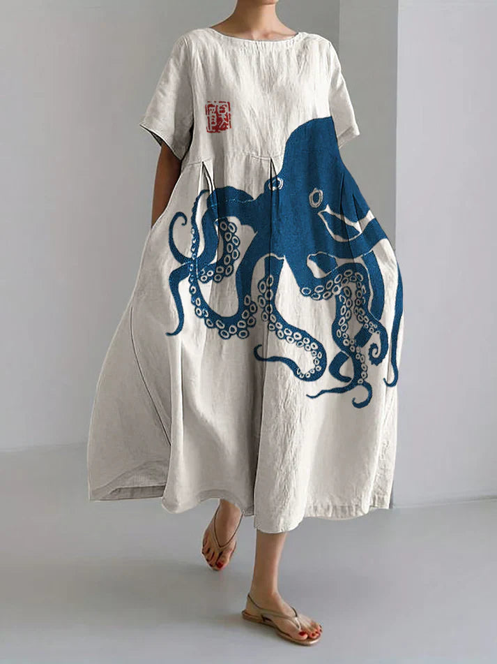 Drune | Langes Kleid Aus Halbleinen Mit Japanischem Muster Aus Octopus Leinen
