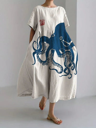 Drune | Langes Kleid Aus Halbleinen Mit Japanischem Muster Aus Octopus Leinen