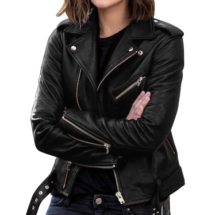 Drune | Jacke Damen Biker Modell mit Gürtel und Reißverschlussdetails