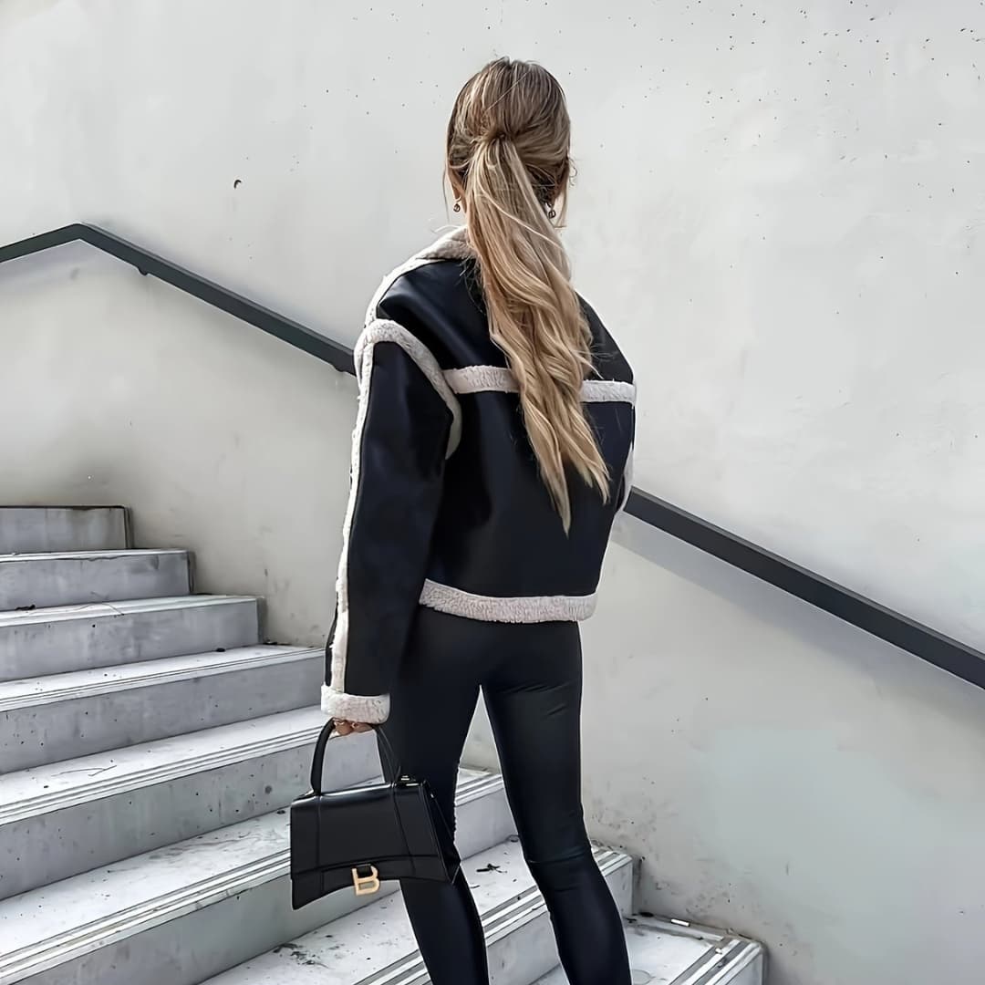 Drune | Damen Kurzjacke aus Kunstleder Eleganter Mantel mit umgeschlagenem Kragen
