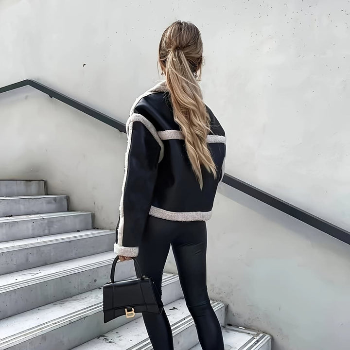 Drune | Damen Kurzjacke aus Kunstleder Eleganter Mantel mit umgeschlagenem Kragen