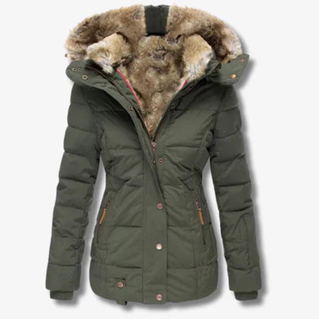 Drune | Damen Pufferjacke – Taillierte Silhouette – Kunstpelzkapuze – Gesteppt Wasserabweisend