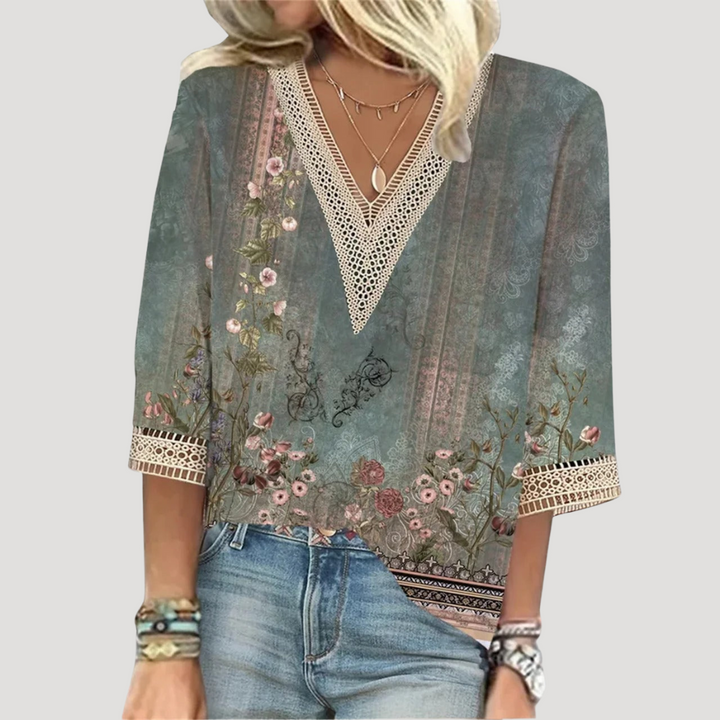 Drune | Elegante Damen Top Boho Chic V-Ausschnitt Sommerbluse