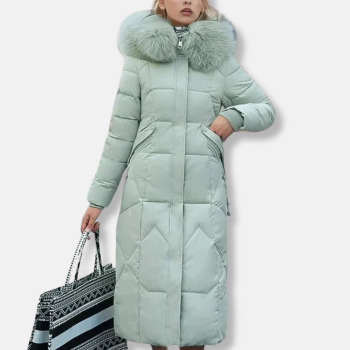 Drune | Damen Wattierte Jacke – Schmaler Schnitt – Ge quiltetes Design – Abnehmbarer Pelzkragen – Voller Länge