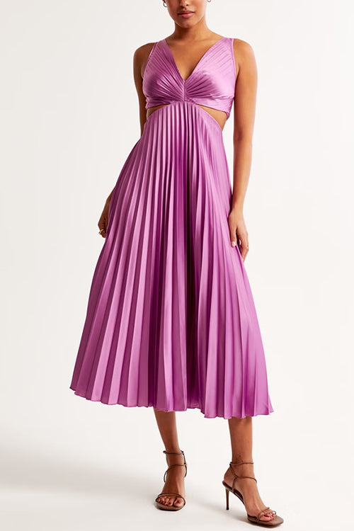 Drune | V-Ausschnitt Cut-Out Taille Ärmelloses Falten-Maxikleid