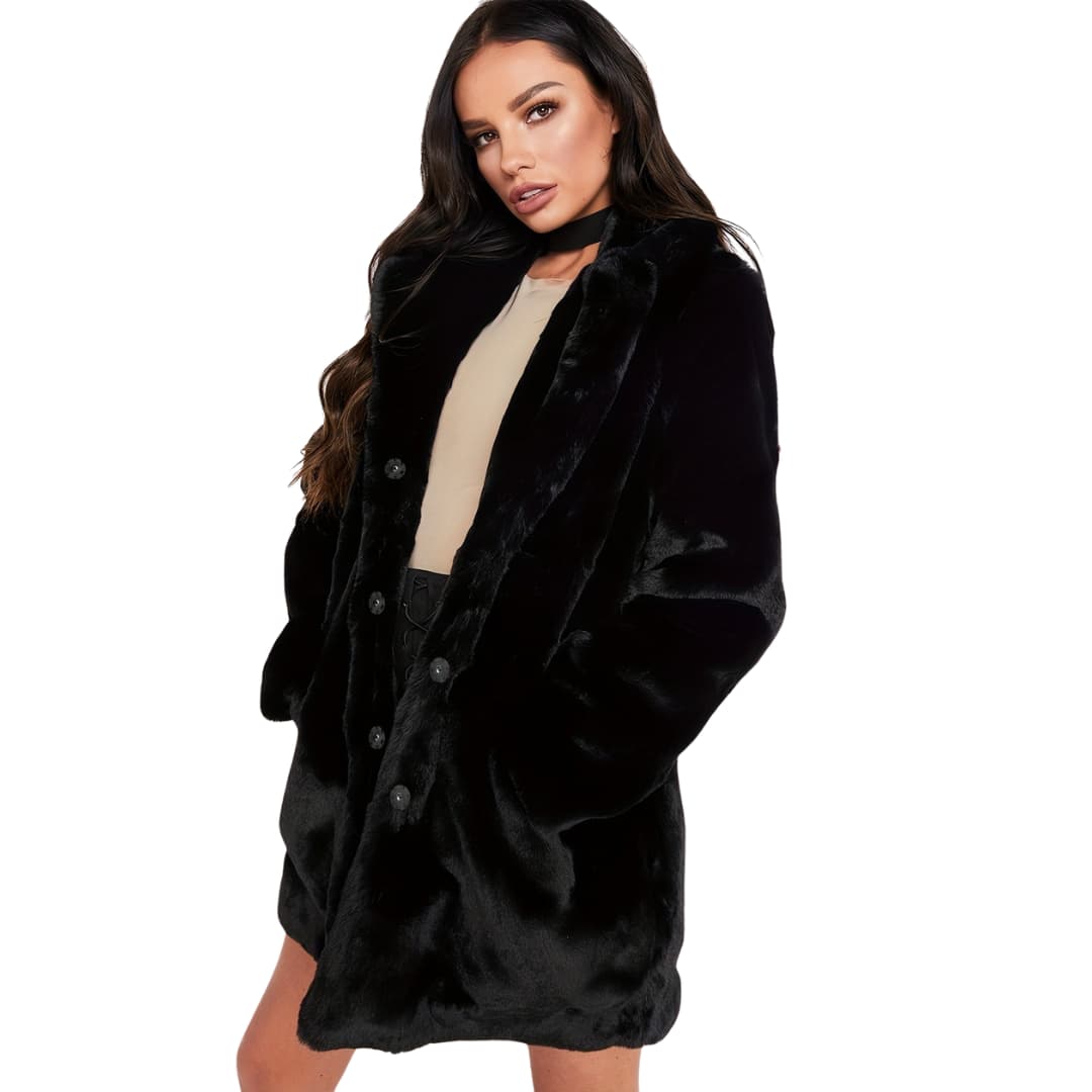 Drune | Elegante Kunstpelzjacke für Frauen Lange Ärmel Knopfverschluss Taschen