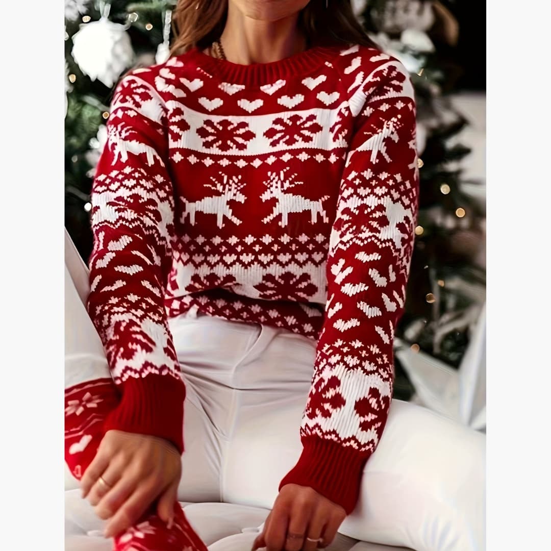 Drune | Bequem Elegant Rot Rentier Schneeflocke Rundhals Pullover