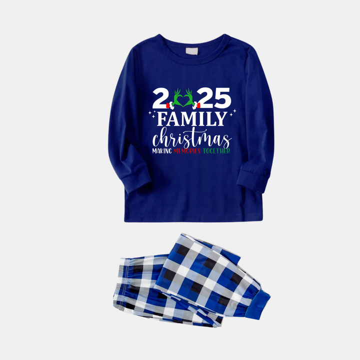 Drune | "2025 Familie Weihnachten" Text Gedruckt Blau und Weiß Karierter Familienpassende Pyjamas