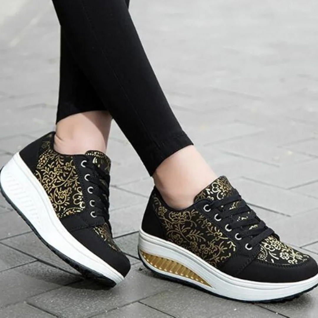 Drune | Schwarze Leder Orthopädische Damen Sneakers Mit Blumenmuster