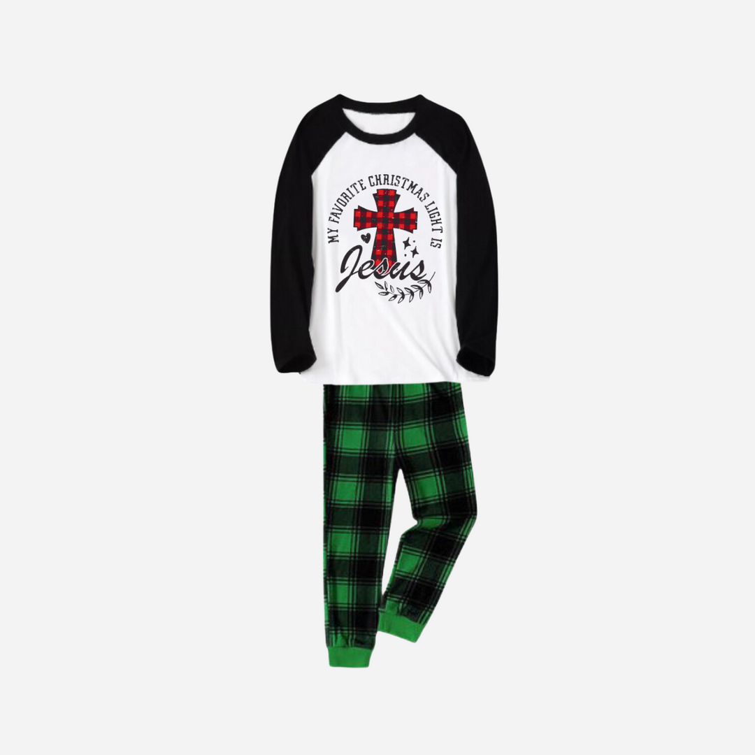 Drune | Mein Lieblingsweihnachtslicht ist Jesus Familie Weihnachts-Pyjama-Set - Schwarzes und Weißes Oberteil mit Grünen Karohosen