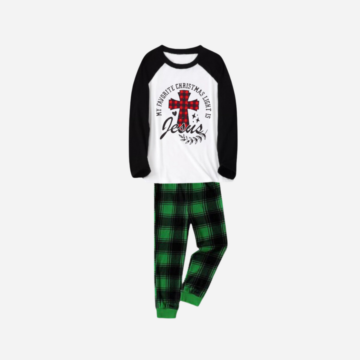 Drune | Mein Lieblingsweihnachtslicht ist Jesus Familie Weihnachts-Pyjama-Set - Schwarzes und Weißes Oberteil mit Grünen Karohosen