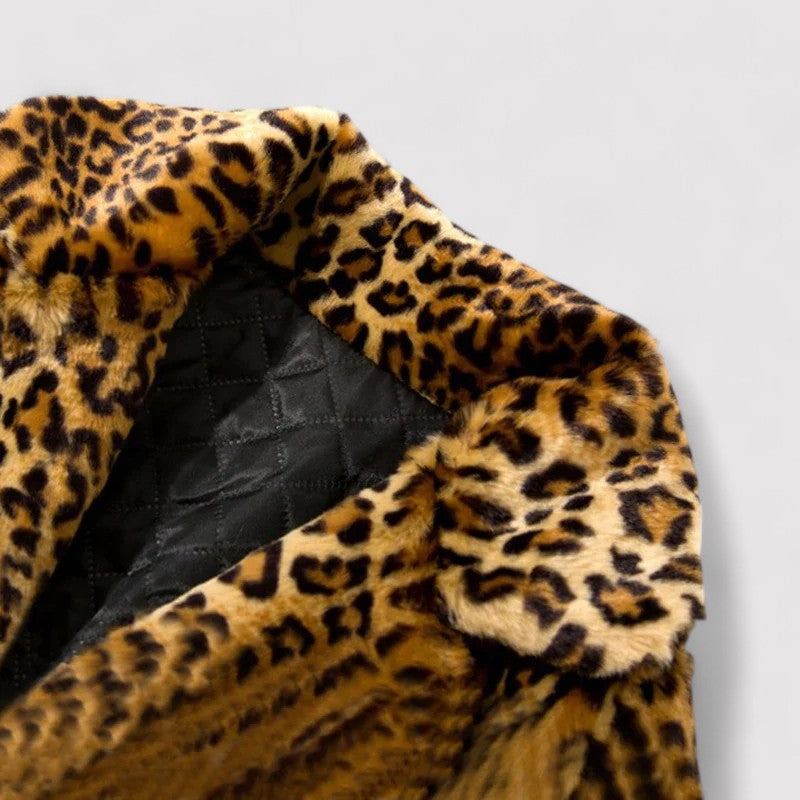 Drune | Frauen Klassischer Leopardenmuster Mantel | Plüsch Kunstpelz Übermantel | Mittellang mit Revers