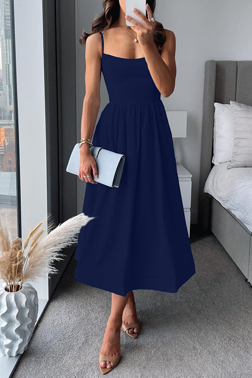 Drune | Midi Kleid Spaghettiträger Quadratischer Ausschnitt Ausgestellter Rock Elegante Passform