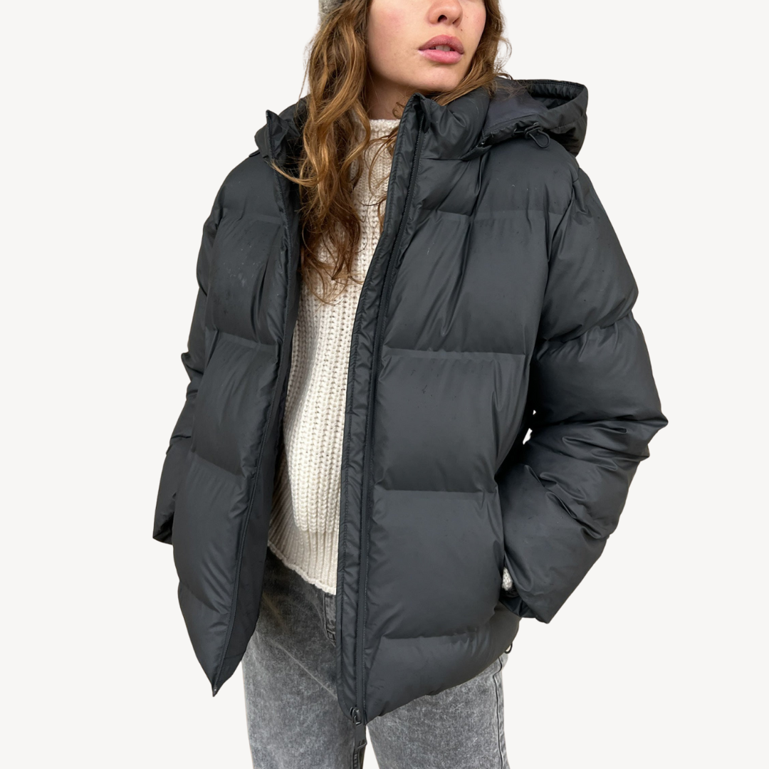 Drune | Damen Schwarze Kapuzen-Puffermantel Winter Polyester Jacke