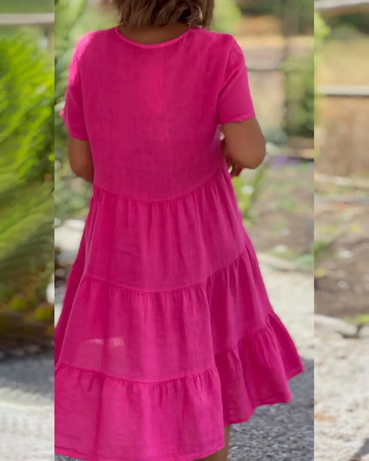 Drune | Einfarbiges Kleid aus Baumwoll-Leinen mit V-Ausschnitt